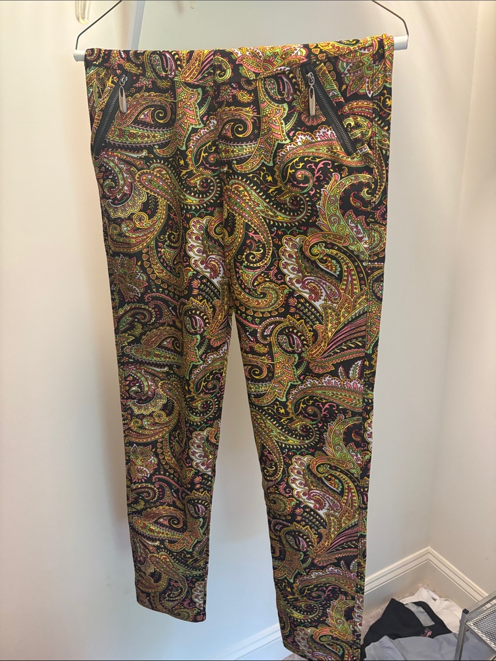 Coco + Carmen Paisley Skinny Pants — Black with Green, Pink & Gold Paisley